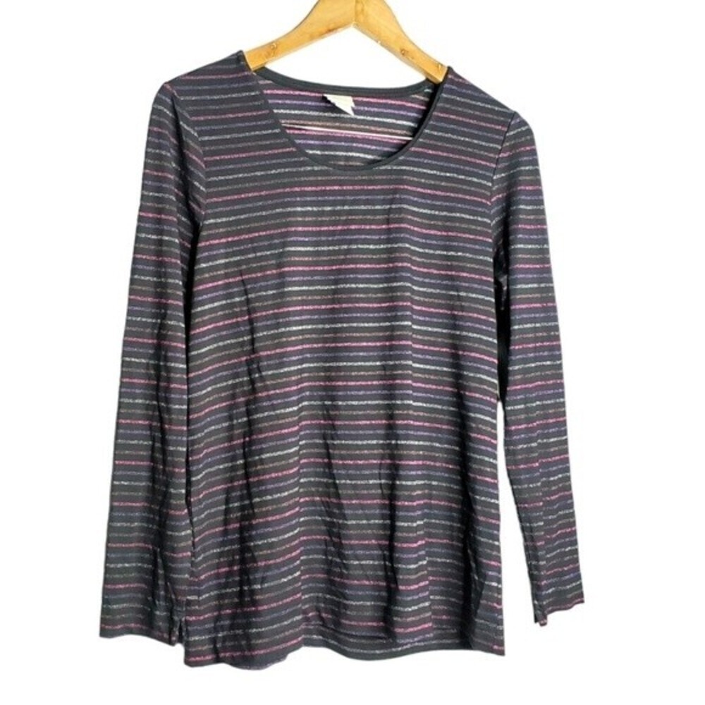 Chicos balck pink purple silver metallic stripe long sleeve top size 1 medium